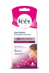 Восковые полоски для депиляции, Veet (Вит) 20 шт для чувствительных участков тела и для лица бархатистая роза и эфирные масла кожи технология Изи-Гельвокс