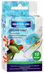 Лейкопластырь бактерицидный детский, Master Uni (Мастер Юни) 10 шт Аква водонепроницаемый прозрачный на полимерной основе с картинками набор